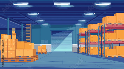 A spacious, well-lit warehouse featuring storage racks filled with yellow boxes, wooden pallets, and a ladder. Ideal for logistics and inventory themes.