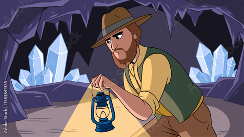 An adventurous miner, illuminated by a lantern, explores a magical cave filled with sparkling crystals. Ideal for adventure and exploration themes.