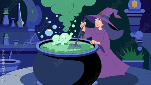 A whimsical depiction of a witch in a cozy, mystical laboratory, stirring a bubbling cauldron with vibrant green potion and trailing smoke.