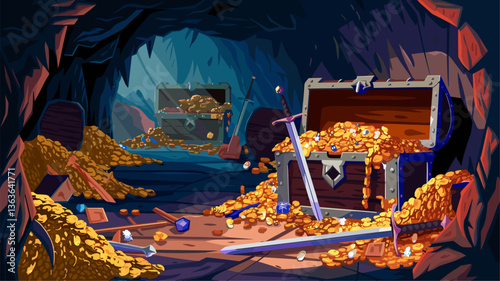 Explore a magical underground cave filled with overflowing treasure chests, gold coins, shimmering jewels, and legendary swords. Perfect for adventure-themed projects.