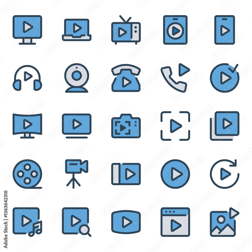 Filled blue outline icons set for Video, player, multimedia.