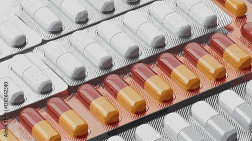 A detailed close-up view of blister packs containing various pills and capsules in shades of white, orange, and brown. Ideal for health, medicine, and pharmaceutical themes.