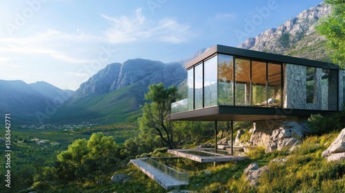 Modern architectural marvel glass house perched on mountainside overlooking pristine valley