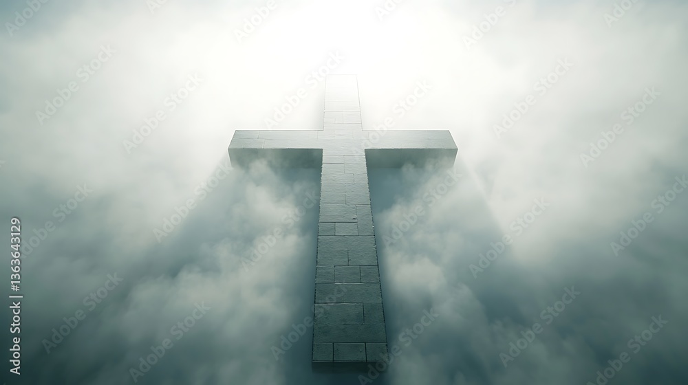 Stone cross in ethereal clouds, radiant light. Stone cross in ethereal clouds, radiant light.