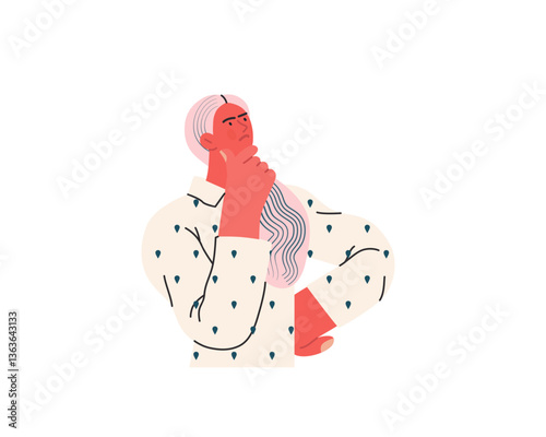 Thinking people, modern flat vector concept illustration- woman standing thoughtfully, looking upwards. Metaphor for reflection, analysis, introspection, contemplation, deep thought