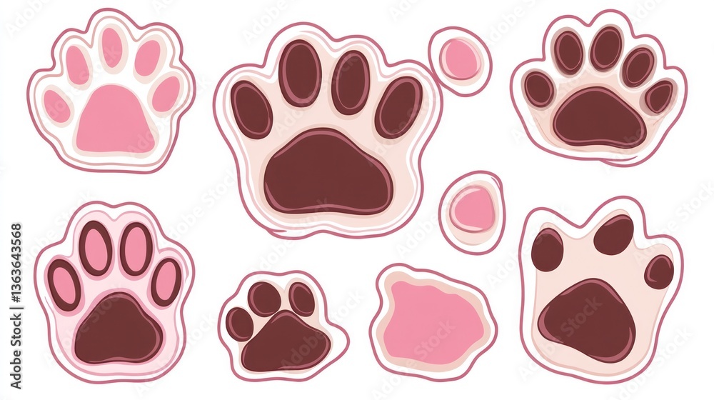 Fototapeta premium Animal paws in various sizes, colors, and positions on a white backdrop for design