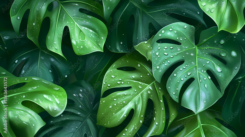 Fototapeta premium Close-up of lush green tropical leaves with raindrops. beautiful simple ai generated image. Lush Containment. Illustration
