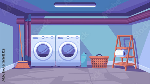 Bright and functional laundry room featuring modern washing machines, a broom, a laundry basket, and storage. Ideal for home renovation and design.