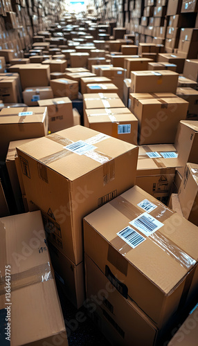 Warehouse Stacked cardboard boxes fill a vast warehouse, ready for delivery and shipping