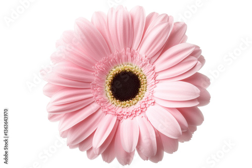 Close-up of pink gerbera daisy with detailed petals and dark center, cut out