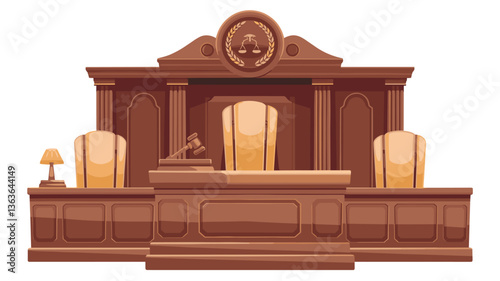 A beautifully designed illustration of a courtroom. Featuring an ornate judge's bench, legal symbols, and elegant decor, perfect for legal and judicial themes.