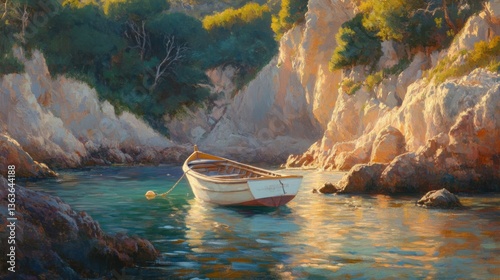Serene Coastal Scene with Small Boat and Rocky Landscape