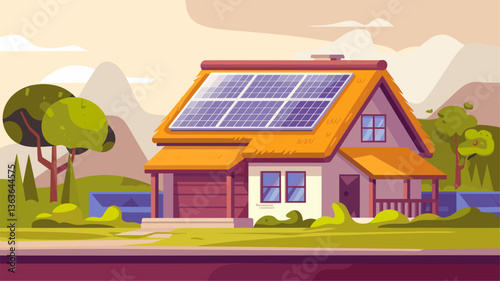 A charming house featuring solar panels on the roof, surrounded by lush greenery and mountains, promoting sustainable living.