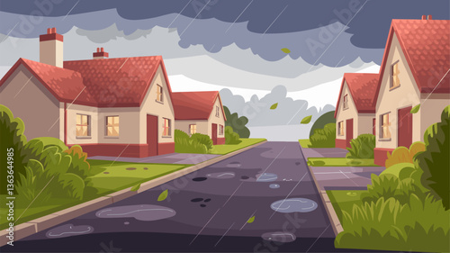 A serene suburban street scene depicting charming houses amid gloomy weather. Dark clouds loom overhead as rain falls, creating puddles and a tranquil atmosphere.