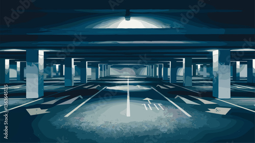 A spacious, deserted underground parking garage featuring stark columns and dramatic lighting. Ideal for concepts of solitude or urban environments.