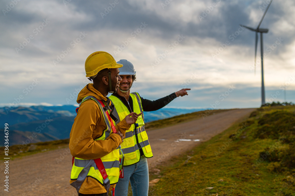 Two engineers wearing safety vests and helmets are discussing a project at a wind turbine site, pointing towards a wind turbine on a mountain landscape Two engineers wearing safety vests and helmets are discussing a project at a wind turbine site, pointing towards a wind turbine on a mountain landscape