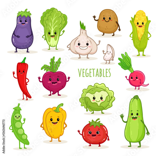 Set of cartoon vegetable characters. Cute potato, tomato, pepper, eggplant, Chinese cabbage, chilli, radish,peas, corn, garlic, cabbage for kids. Food illustration for menu, games. Vector