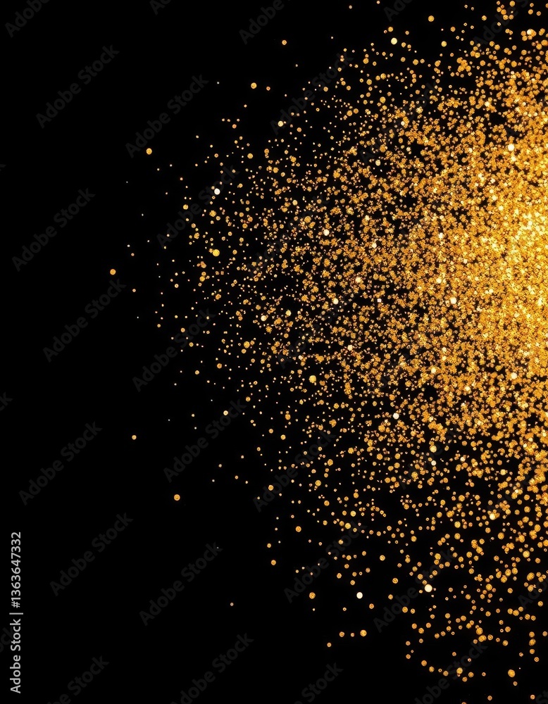 Fototapeta premium Golden glitter explosion against a stark black backdrop, metallic, backdrop