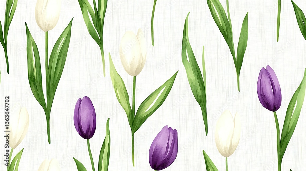 Obraz premium A field of purple and white tulips with green foliage on a white backdrop, featuring a repeating pattern of white and purple blooms