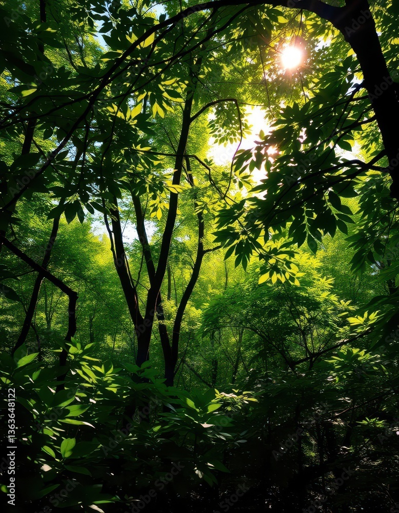 Fototapeta premium Lush green forest with dappled sunlight filtering through leaves, calm, wild