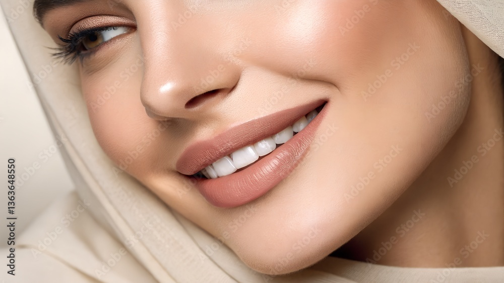 Fototapeta premium close up beautiful pretty woman's lip with nude color lipstick with gentle smile, beauty and cosmetic ad concept