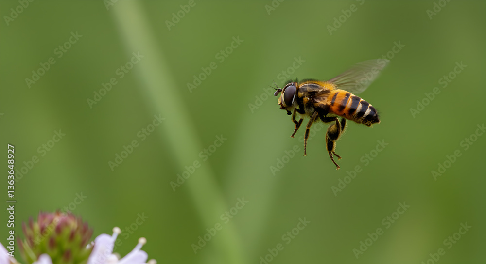 Striking macro shot of a hoverfly captured mid flight in a natural setting Striking macro shot of a hoverfly captured mid flight in a natural setting