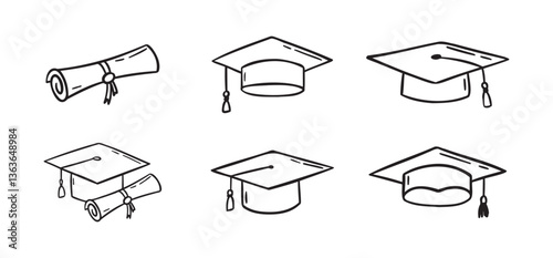 Graduation hat set. Hand drawn doodle Graduation hats sketch line. Education college student success diploma drawing