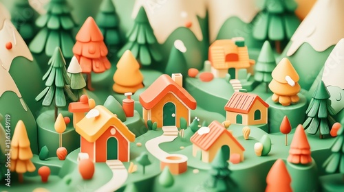 Fototapeta Naklejka Na Ścianę i Meble -  Colorful 3D Forest Village Scene