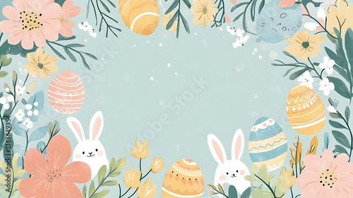 Easter bunnies with eggs, and flowers frame. (6)