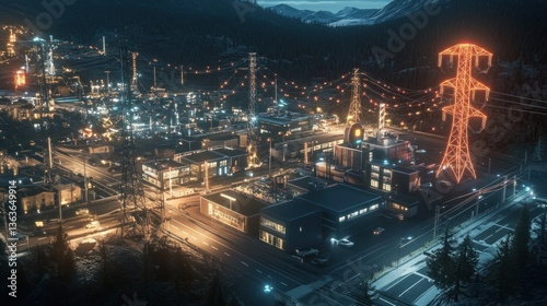 Night Industrial Complex Aerial, Mountain Background