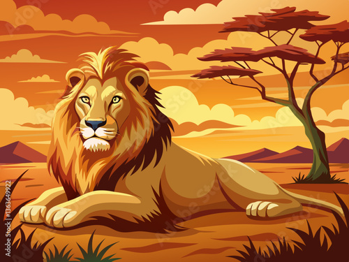 vector of Majestic lion relaxing in the savanna at sunset
