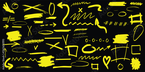 Yellow chisel point marker lines, arrows, crowns. Hand sketched underlines, frames, tick boxes.