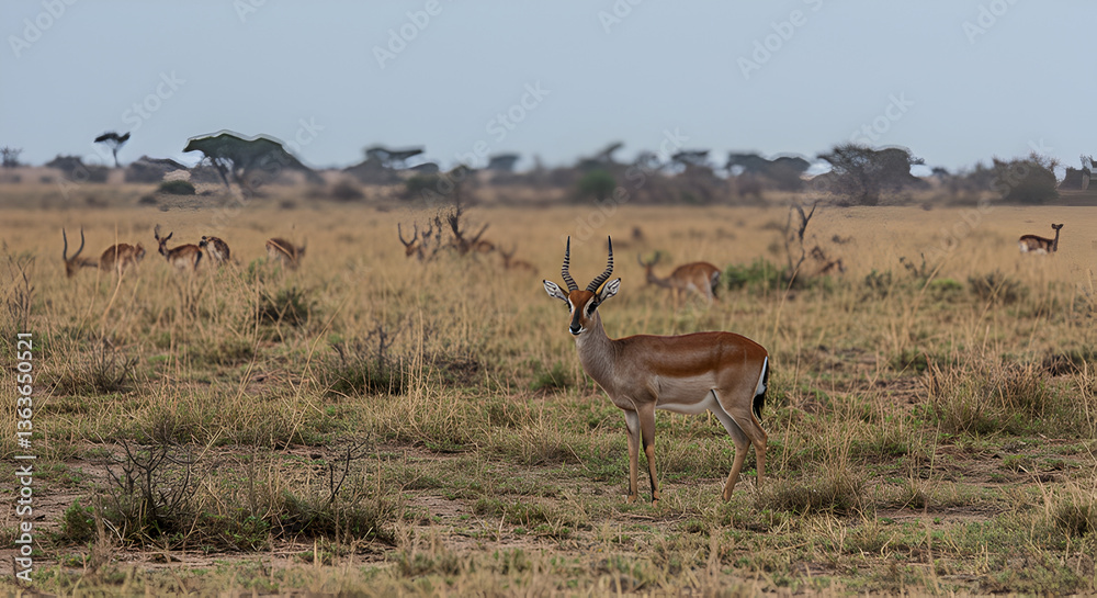 Fototapeta premium Majestic Hirola Antelope Observing the Kenyan Savannah with its Family