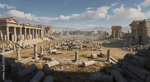 Vast Panoramic View of Ancient Ruins with Pillars and Debris, Revealing the Echoes of a Once-Thriving Civilization Against a Serene Sky