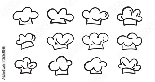 Chef Hat doodle line Art Drawing Icon Design Elements Collection. Logo hand drawn set isolated