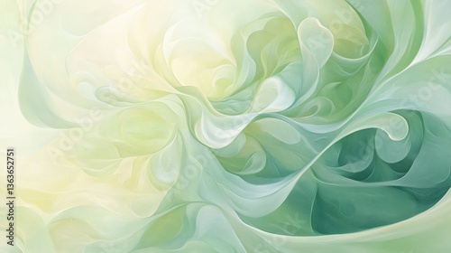 Abstract botanical swirls featuring intertwining ivory, sage, and chartreuse ribbons in a delicate fluid pattern
