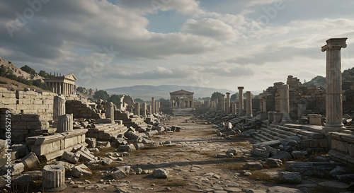 Breathtaking View of Ancient Ruins with Fallen Columns and Debris, Evoking the Grandeur and Mystery of a Lost Civilization Amidst a Dramatic Sky