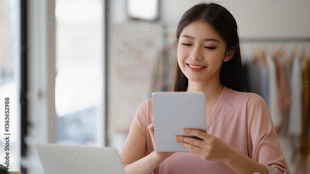 Smiling woman uses tablet indoors studying remotely with laptop Smiling woman uses tablet indoors studying remotely with laptop