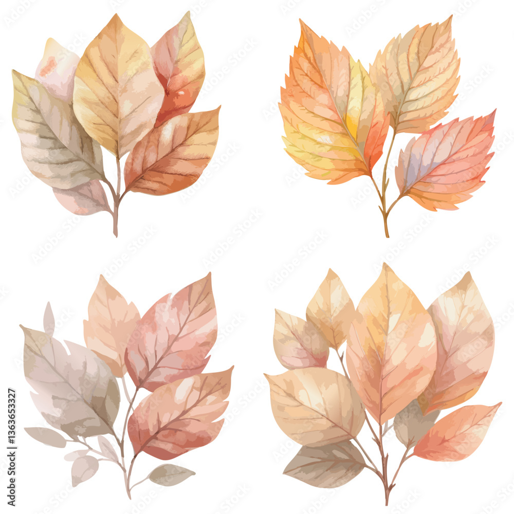 Elegant vector autumn leaves - a set of stylish decorative leaves in warm shades of gold, orange and burgundy for design, creativity and decoration Elegant vector autumn leaves - a set of stylish decorative leaves in warm shades of gold, orange and burgundy for design, creativity and decoration