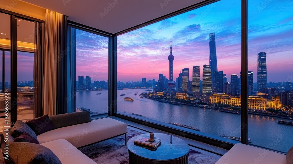 Fototapeta premium Shanghai Skyline Sunset View from Luxury Apartment