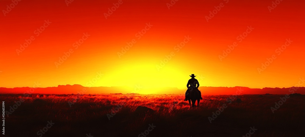 Cowboy riding into sunset intense red horizon rocky desert wild west photography style Cowboy riding into sunset intense red horizon rocky desert wild west photography style
