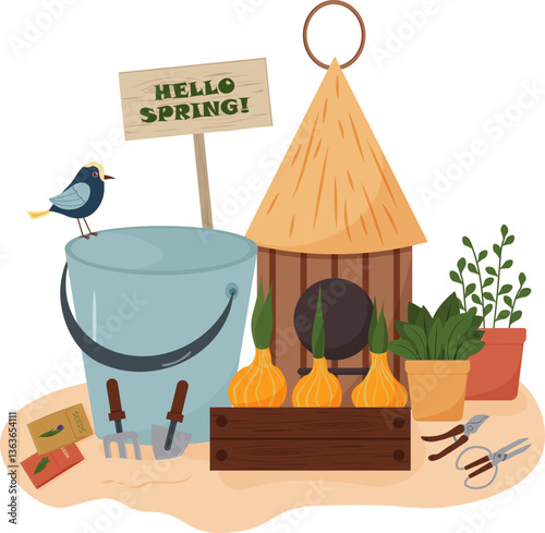 Illustration of the theme of garden landscaping. Spring time. Bucket with a bird and a birdhouse, Equipment for working in the garden - pruning shears, shovel and scissors. Pots with plants and seeds