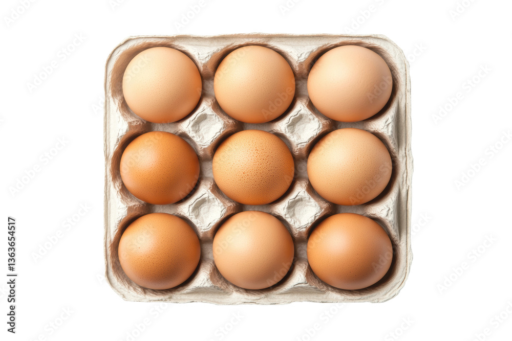 Top view of nine brown eggs in carton on black background, cut out Top view of nine brown eggs in carton on black background, cut out