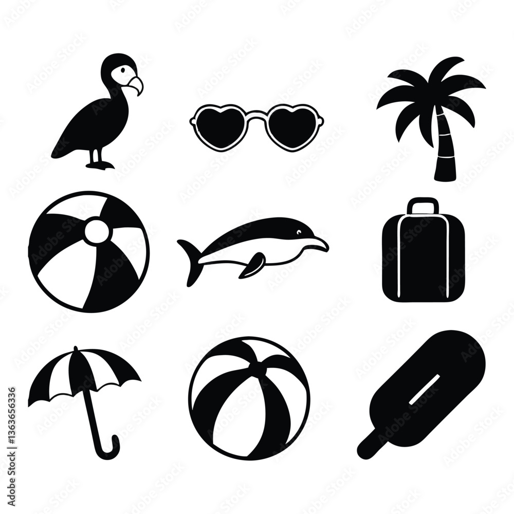 Fototapeta Summer Vacation Icon Set – Vector Black Beach Symbols: Dolphin, Sunglasses, Ball, Ice Cream, Palm, Travel