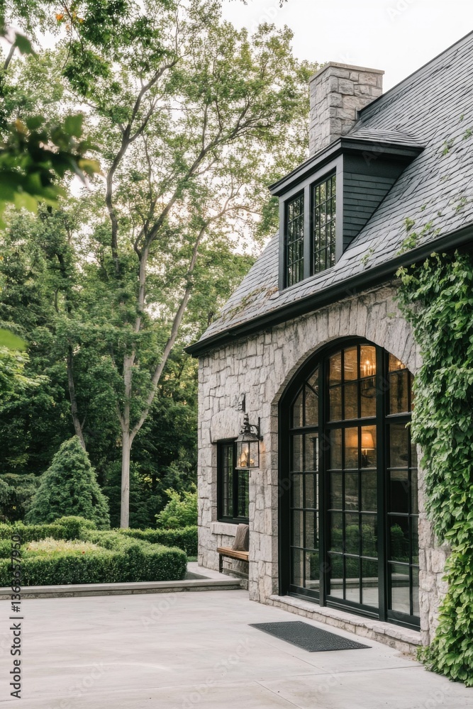 Fototapeta premium A beautifully designed stone house nestled amidst vibrant greenery, set in a tranquil forest during the peaceful early evening hours