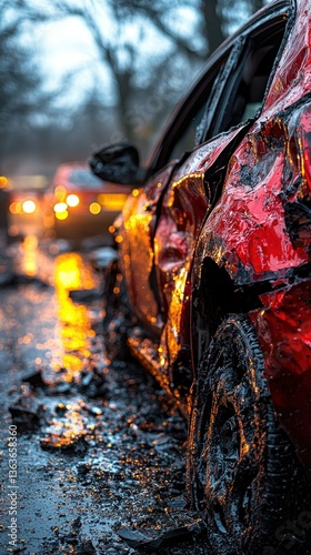 Aftermath of a Car Accident: A Red Car Damaged in a Collision