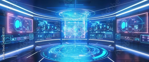 Holographic network topology glows in a futuristic network operations center, cyberpunk aesthetic blur with real-time data streams.