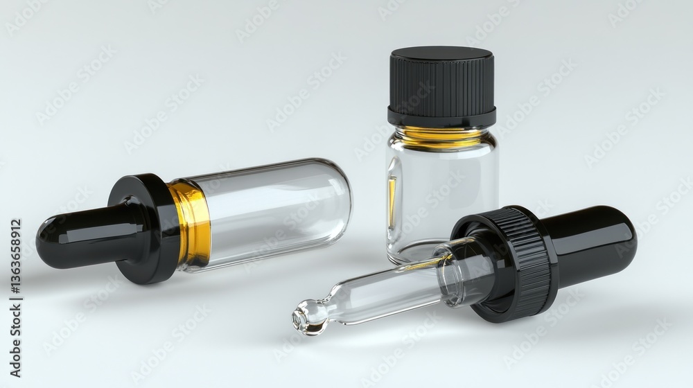 Glass Dropper Bottles on Light Background Glass Dropper Bottles on Light Background