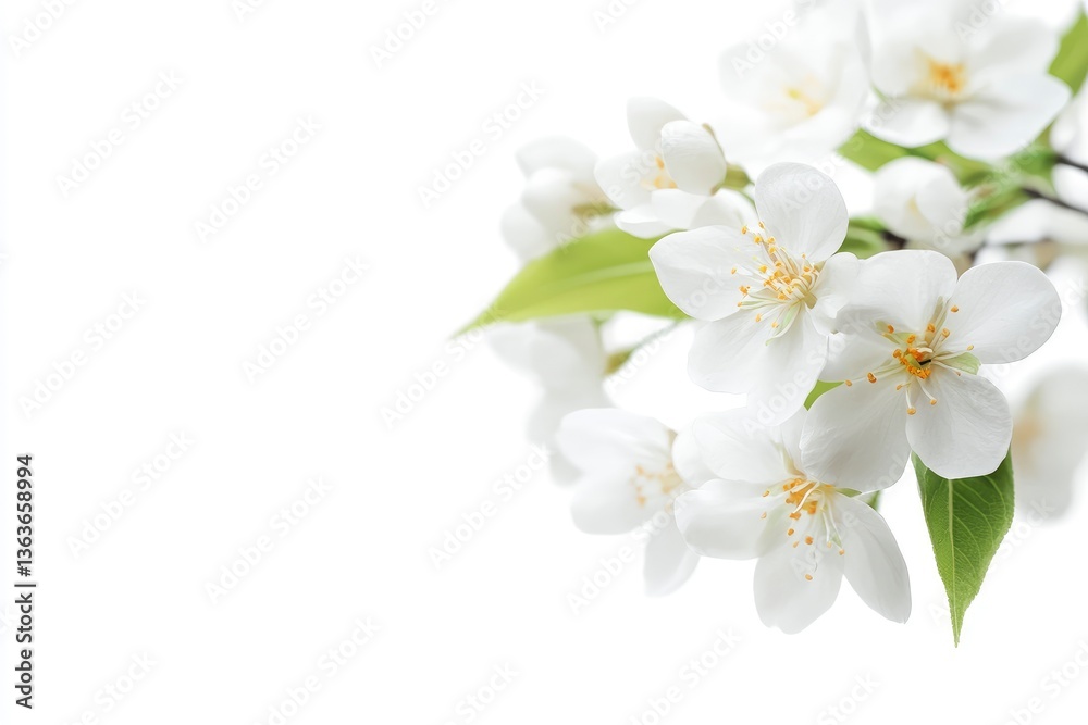 Fototapeta premium Blooming White Spring Flowers with Green Leaves on a White Background