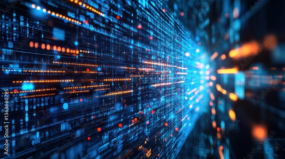 Abstract blue digital data flow with orange dot lights. Great for technology, big data, and AI concepts. Abstract blue digital data flow with orange dot lights. Great for technology, big data, and AI concepts.